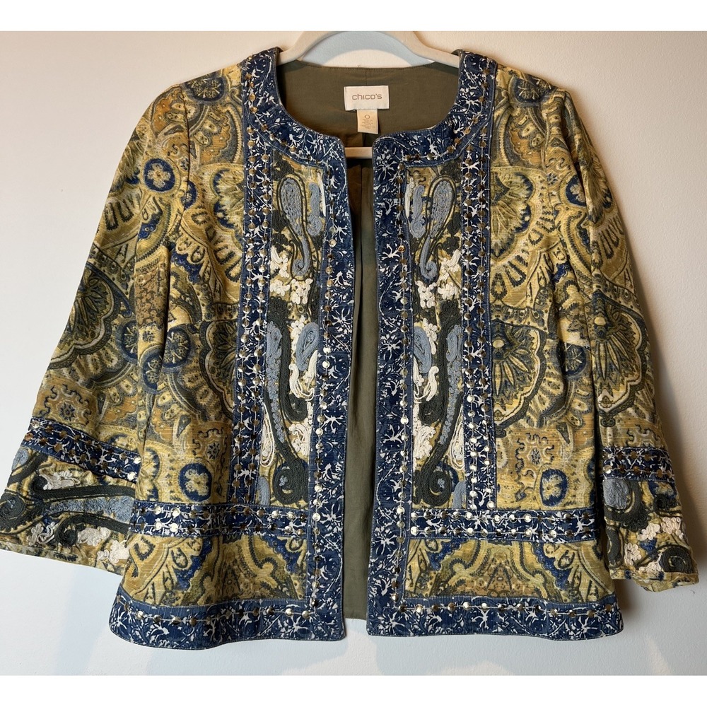 Chicos Women's Tan Blue 3/4 Sleeve Jacket Size 0 (S 4/6) Embellished Blazer